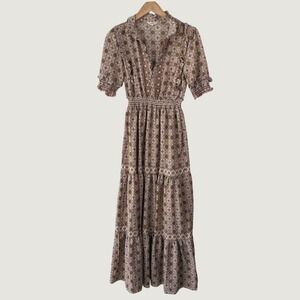 Max Studio London Maxi Dress S Pink Brown Boho Medallion Tiered Smocked Waist